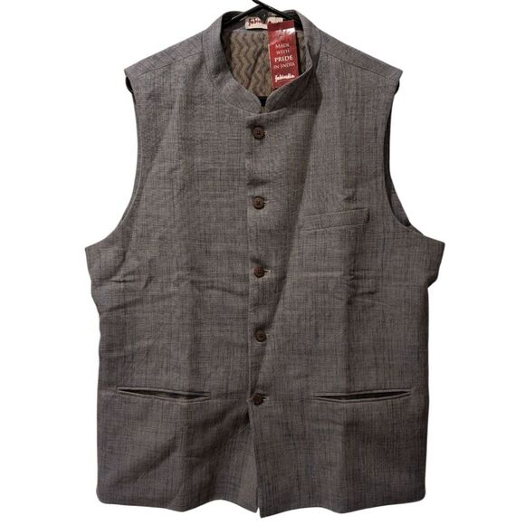 Fabindia Mens 44 L Cotton Woven Nehru Jacket Vest Blue/Grey Mandarin Collar NWT - Picture 1 of 9